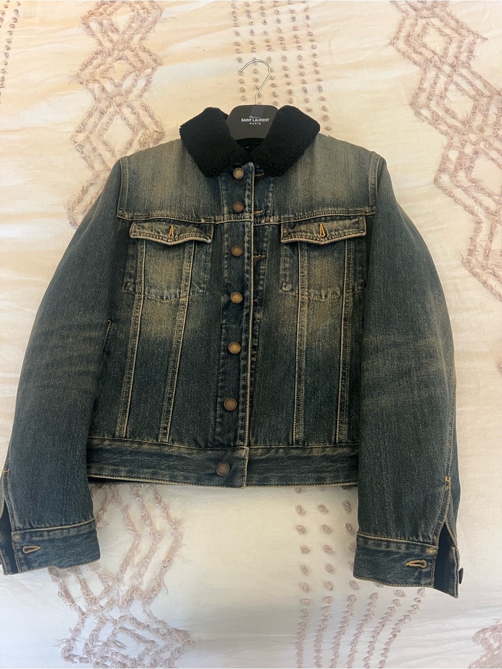 Saint Laurent Distressed Black Denim Bomber Jacket with Faux Shearling Collar
